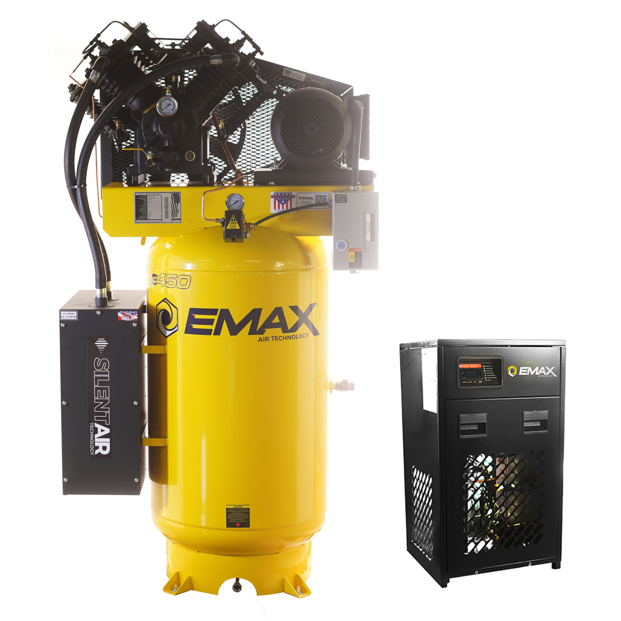 EMAX Silent Air Industrial Plus 10 HP, 3-Phase, 460 Volt, 80-Gallon Vertical Compressor Bundle with 58 CFM Air Dryer, Model# SP10V080V3PK